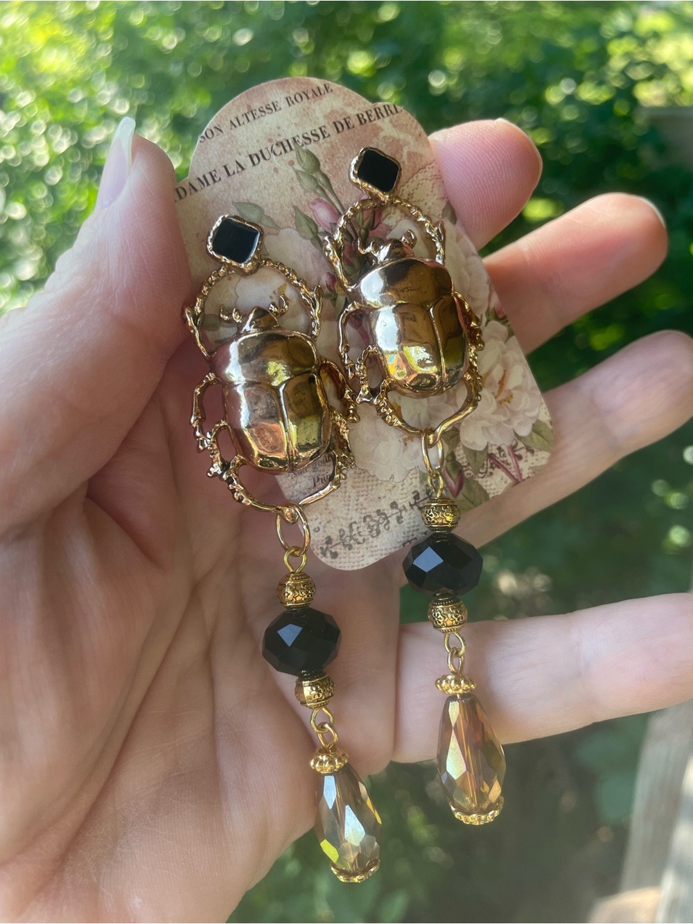Hand Crafted Gold Scarab Earrings with Black and Amber Drops - Picture 7 of 7